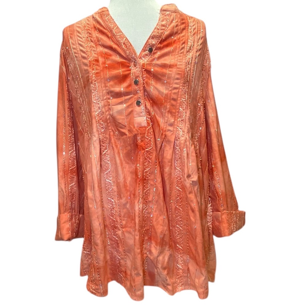 Ava‎ & Grace Woman Coral Orange Sequin Embroidered Tie Dye Tunic Boho Indie 1X